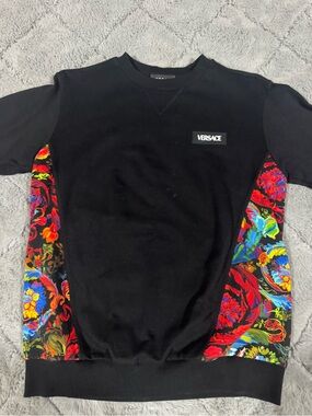 Kids Boys Versace Black Crewneck Sweater with Red and Blue Flame Accents